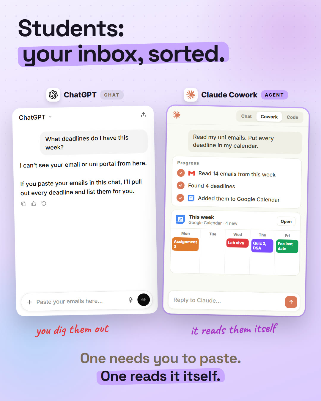 Students slide: ChatGPT asks you to paste your emails, Claude Cowork reads them and fills the calendar