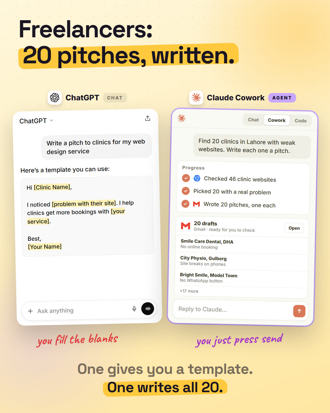Freelancers slide: ChatGPT gives a template, Claude Cowork writes 20 drafts