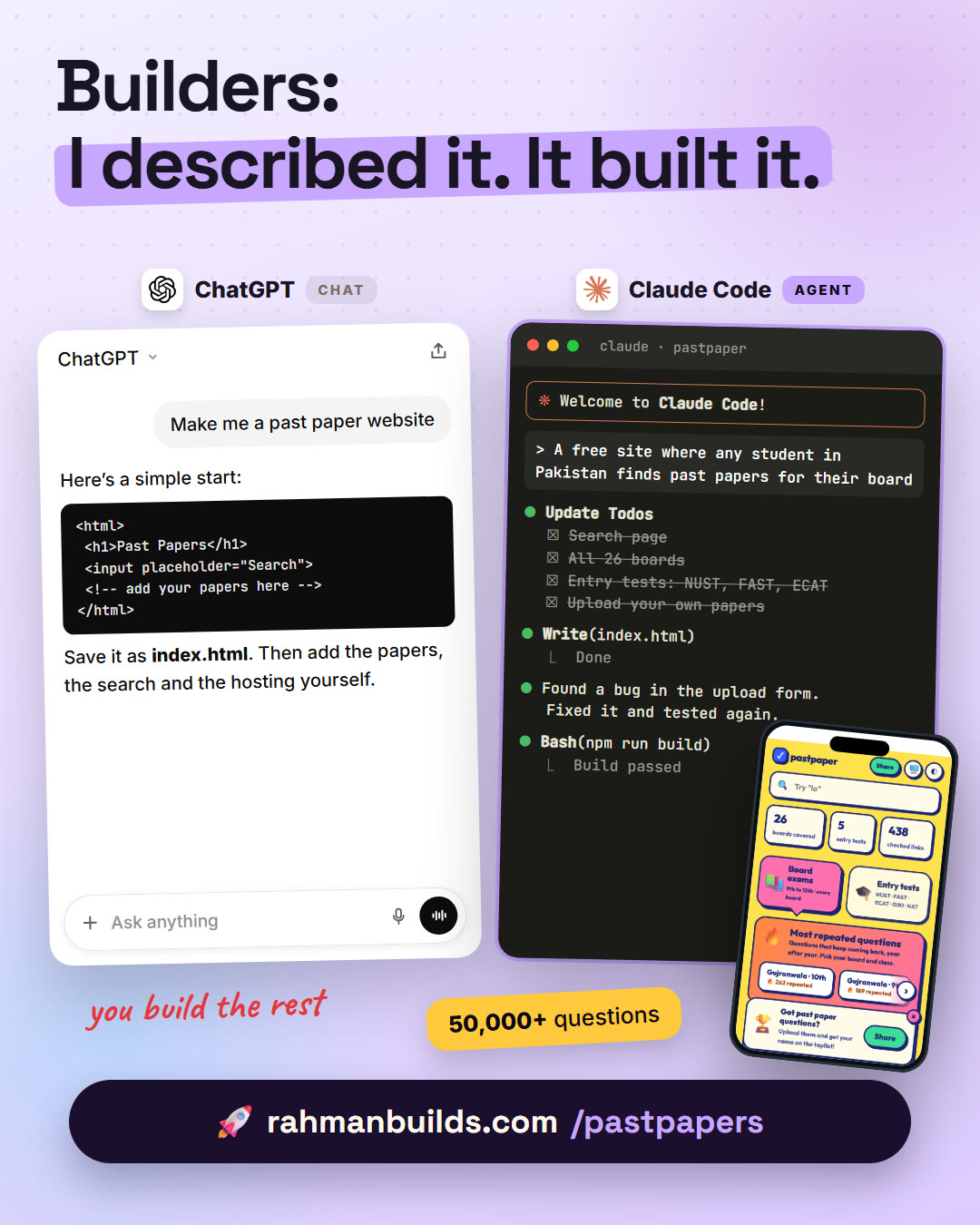 Builders slide: ChatGPT gives a code stub, Claude Code builds the whole past paper site