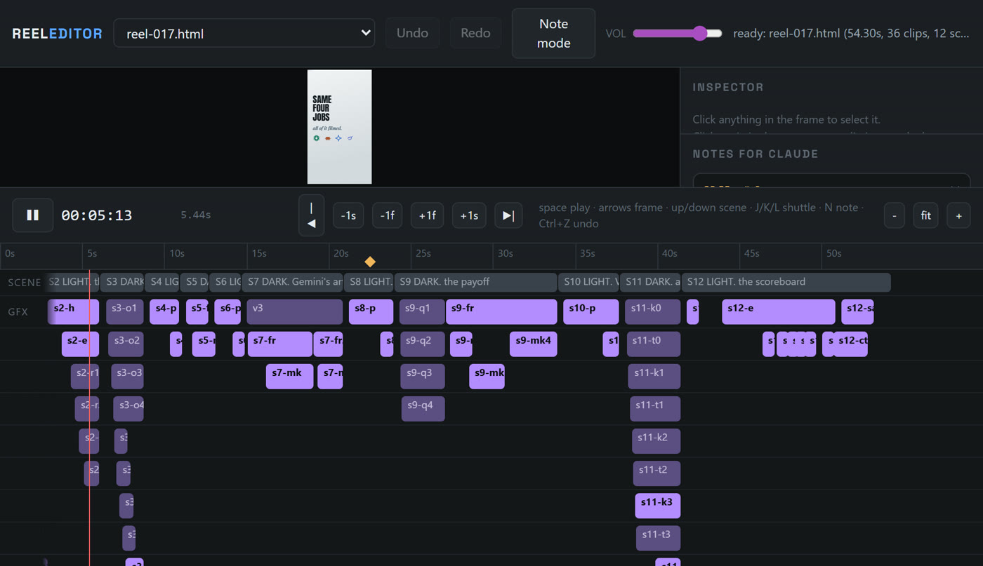 My first editor: grey blocks on a plain timeline, a notes box, no picture tools