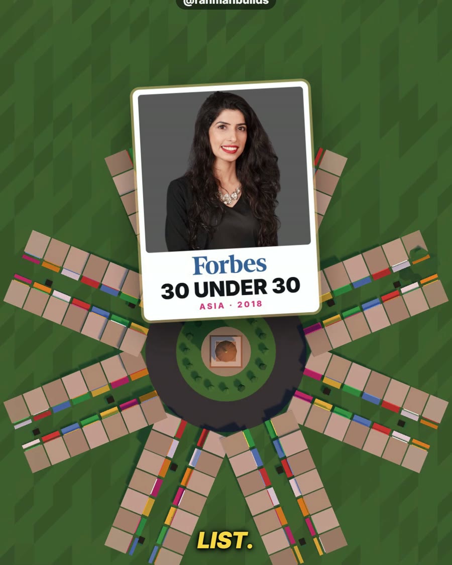 From reel 57: Sadia Bashir's Forbes 30 Under 30 card over Faisalabad's Ghanta Ghar and its eight bazaars