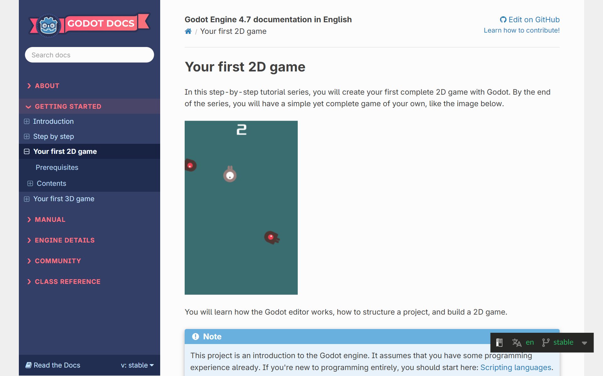 Godot docs: Your first 2D game, a step-by-step tutorial