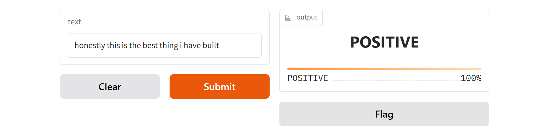 The finished app: a text box, a Submit button, and the model answering POSITIVE at 100 percent
