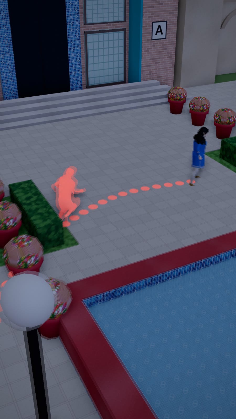 Aira running across the FAST forecourt while her red past self follows her exact path