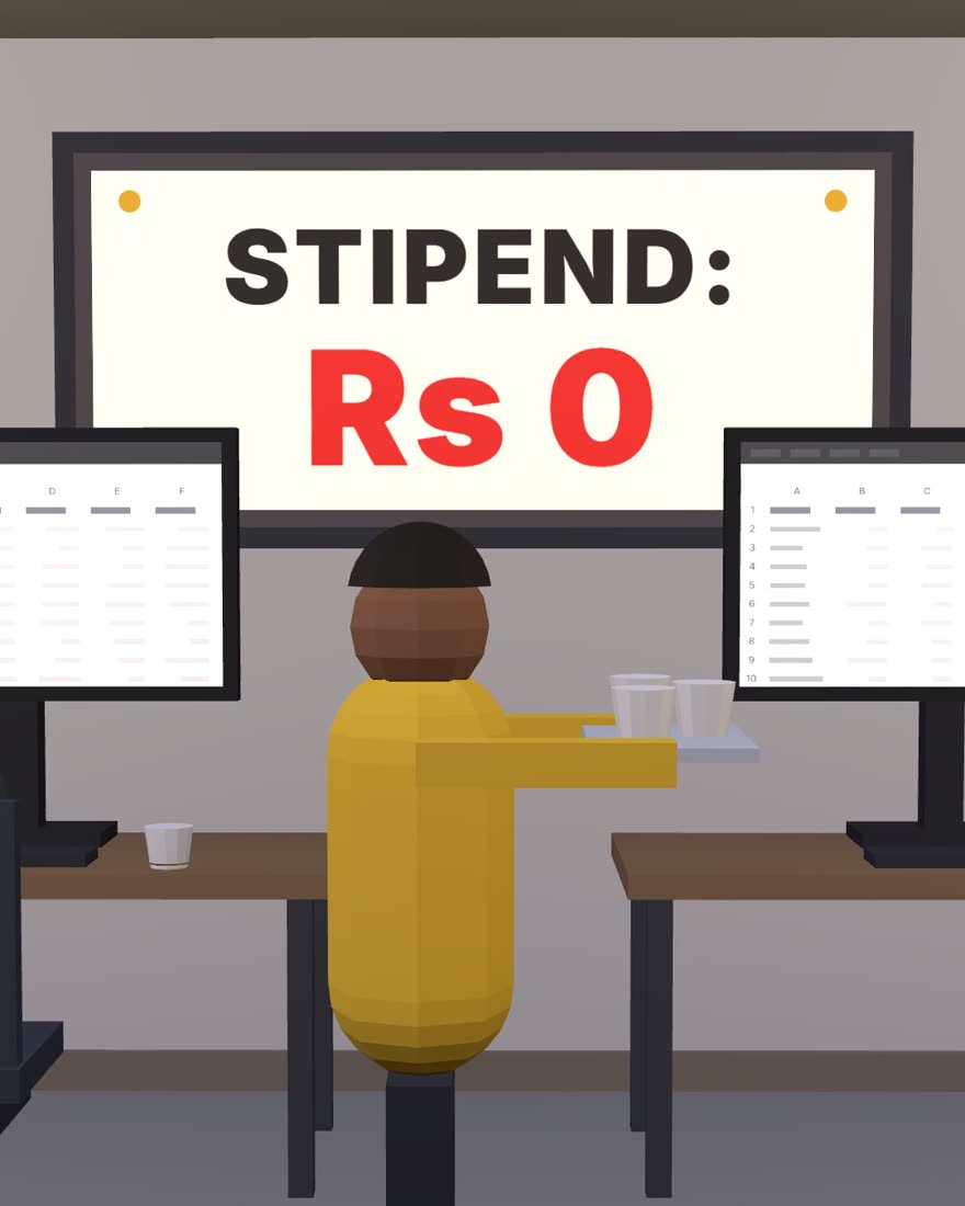 A low-poly software house office: an intern carries a chai tray under a board that says STIPEND: Rs 0
