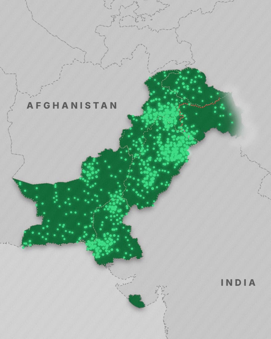 The official map of Pakistan lit up with green dots