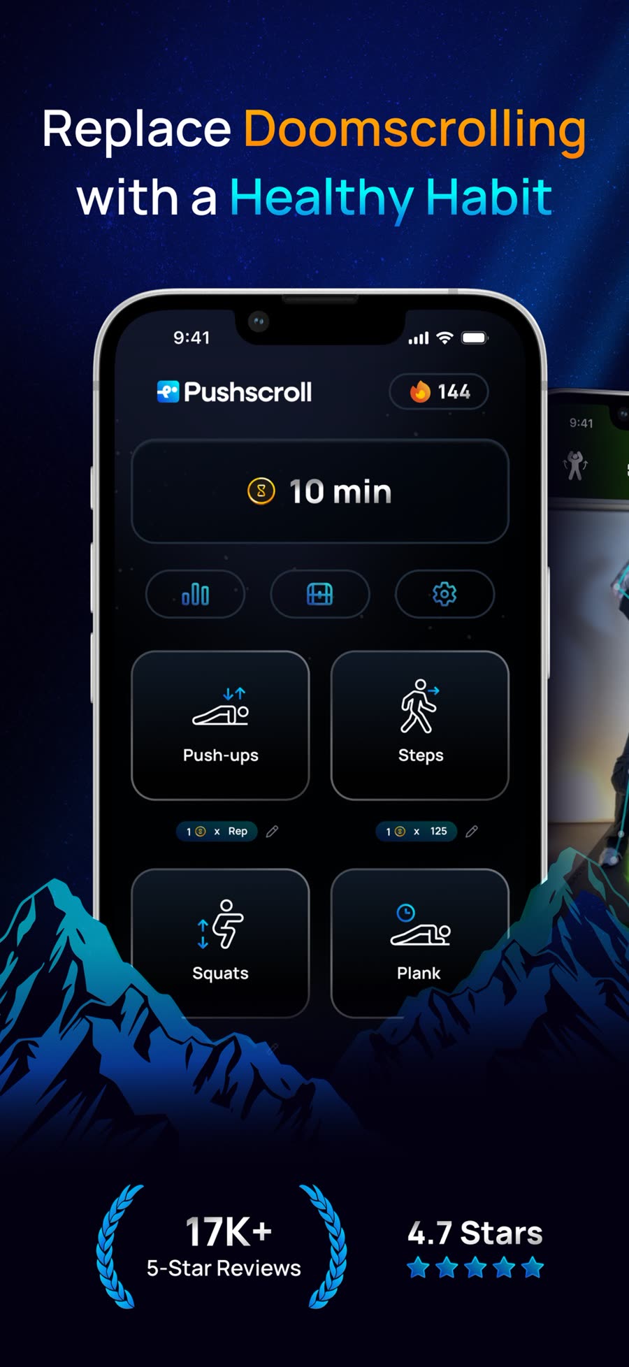 The Pushscroll home screen with exercise tiles