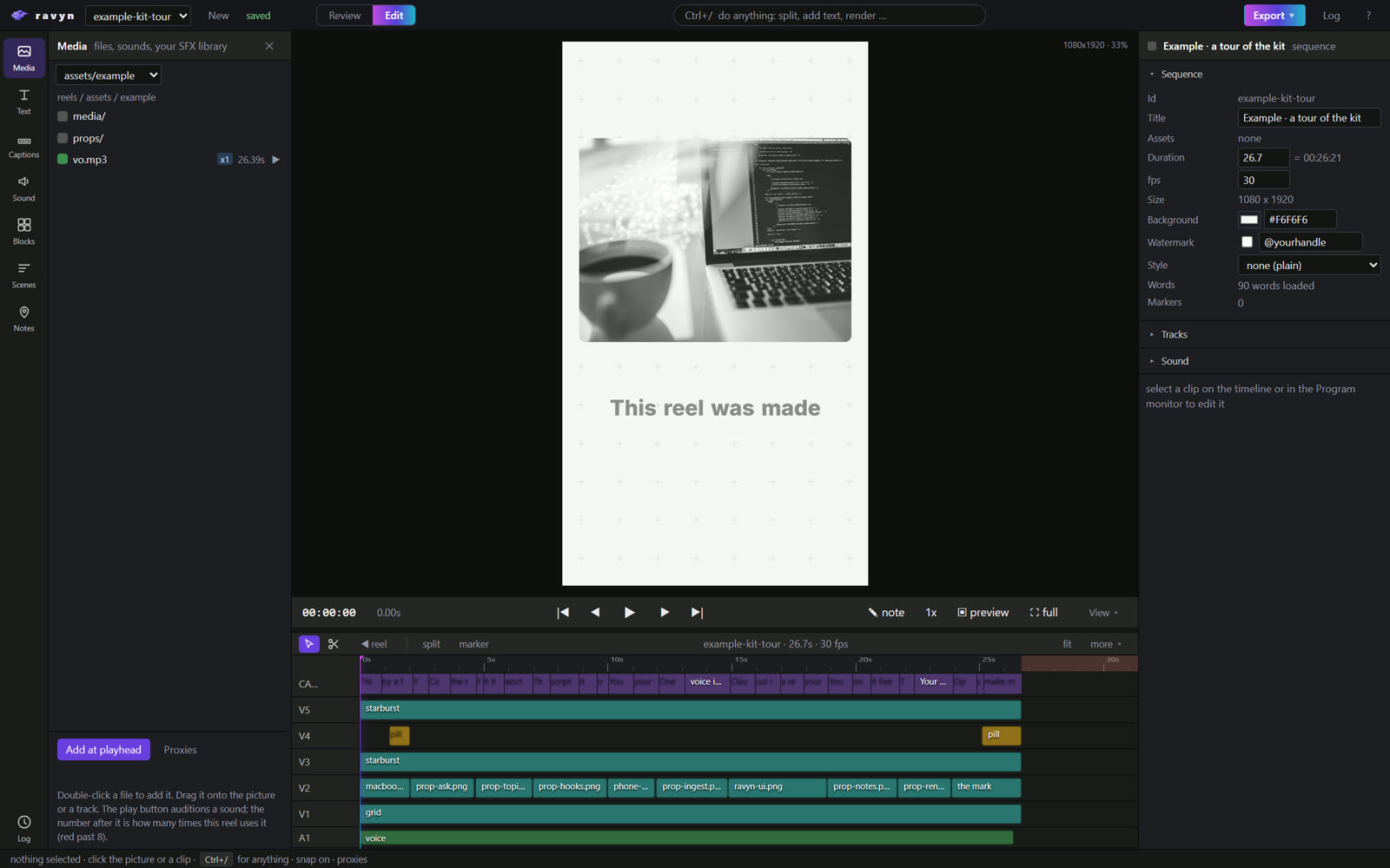 The ravyn editor with the kit's example reel open: the media panel, the picture, the timeline with captions, clips and voice tracks