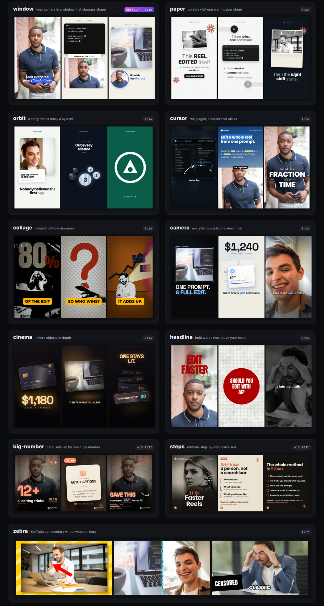 All 11 styles in the kit: window, paper, orbit, cursor, collage, camera, cinema, headline, big-number, steps, zebra