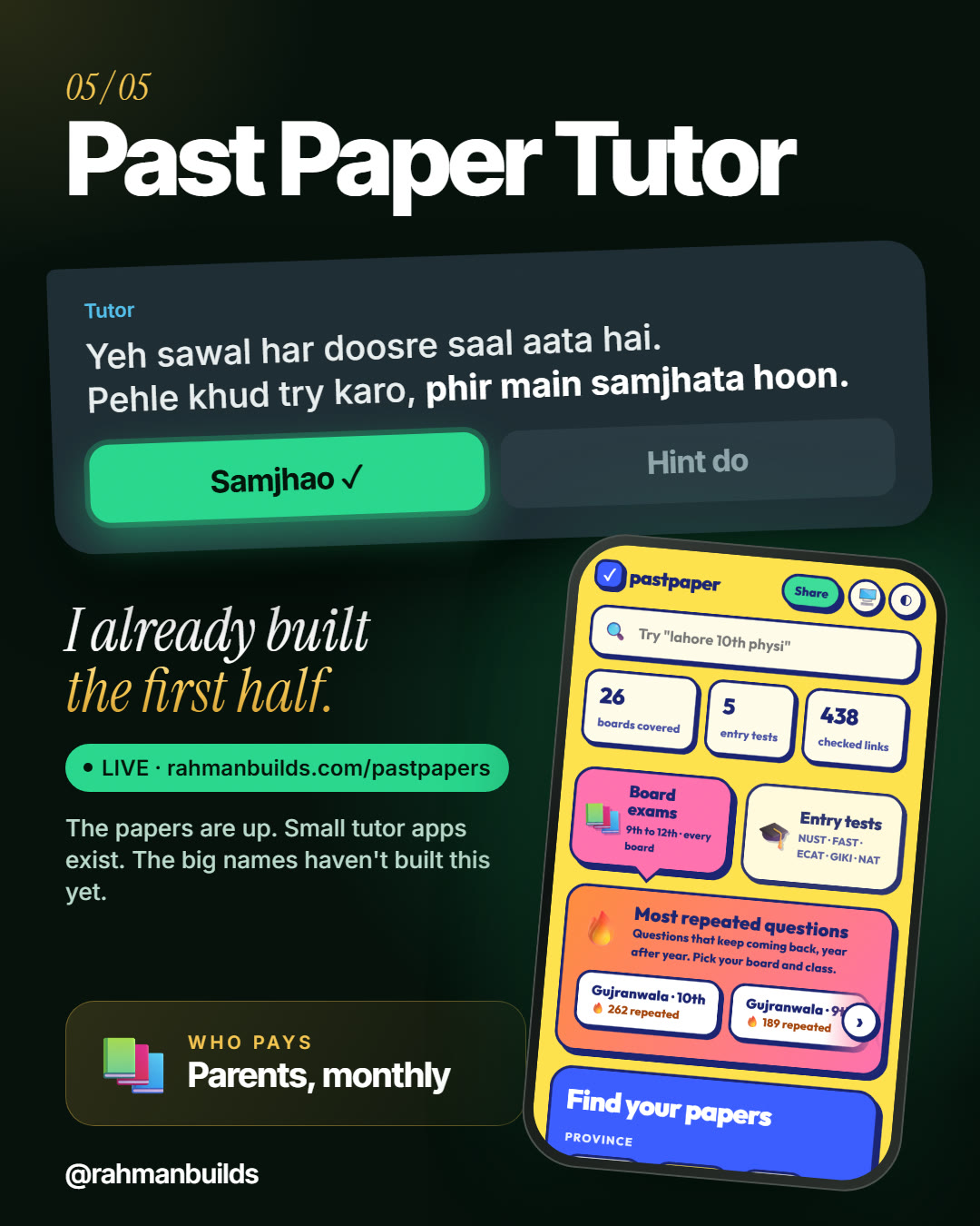 Past Paper Tutor: a tutor message next to the live Past Paper Finder site