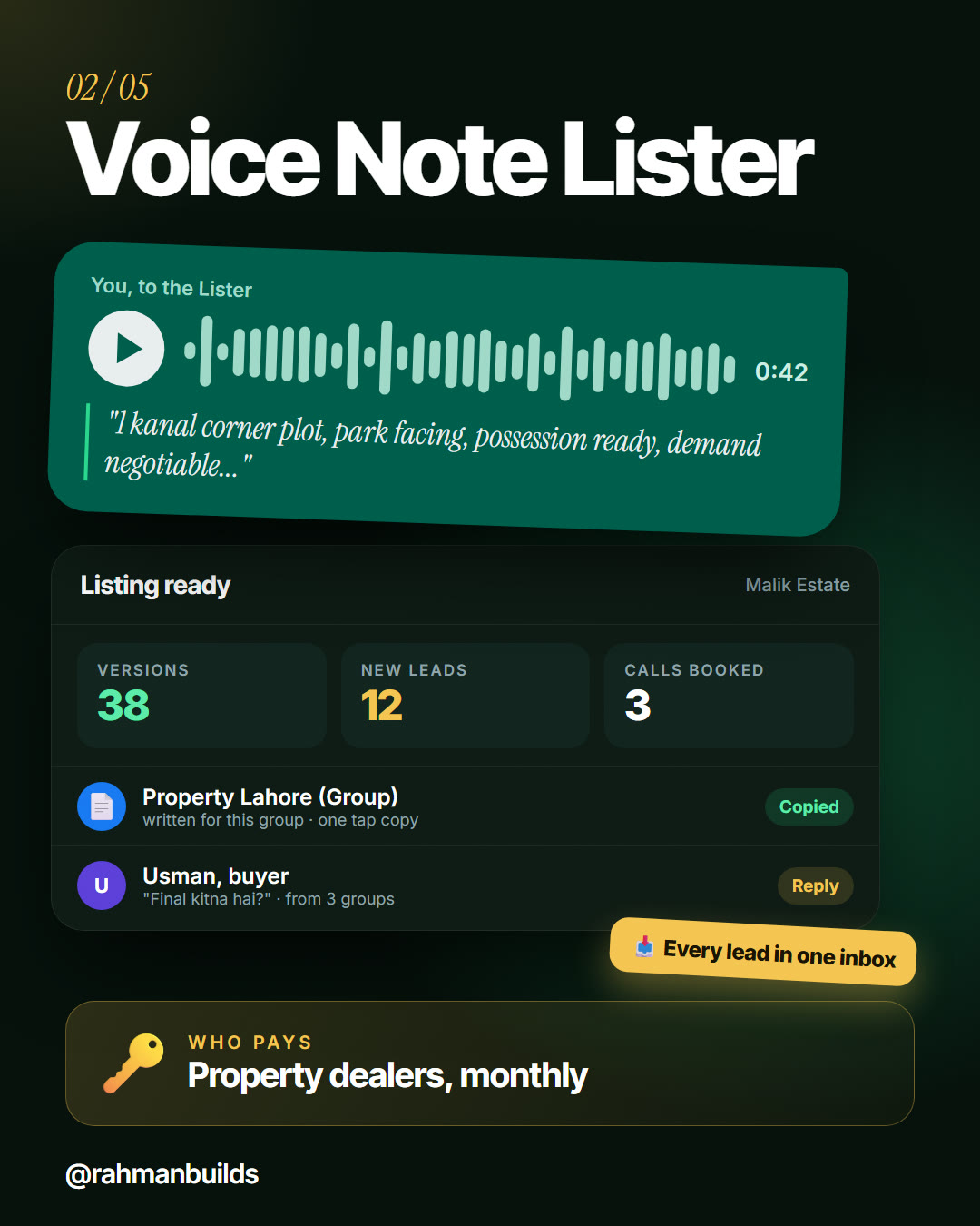 Voice Note Lister: a dealer's voice note turned into ready listings and one lead inbox